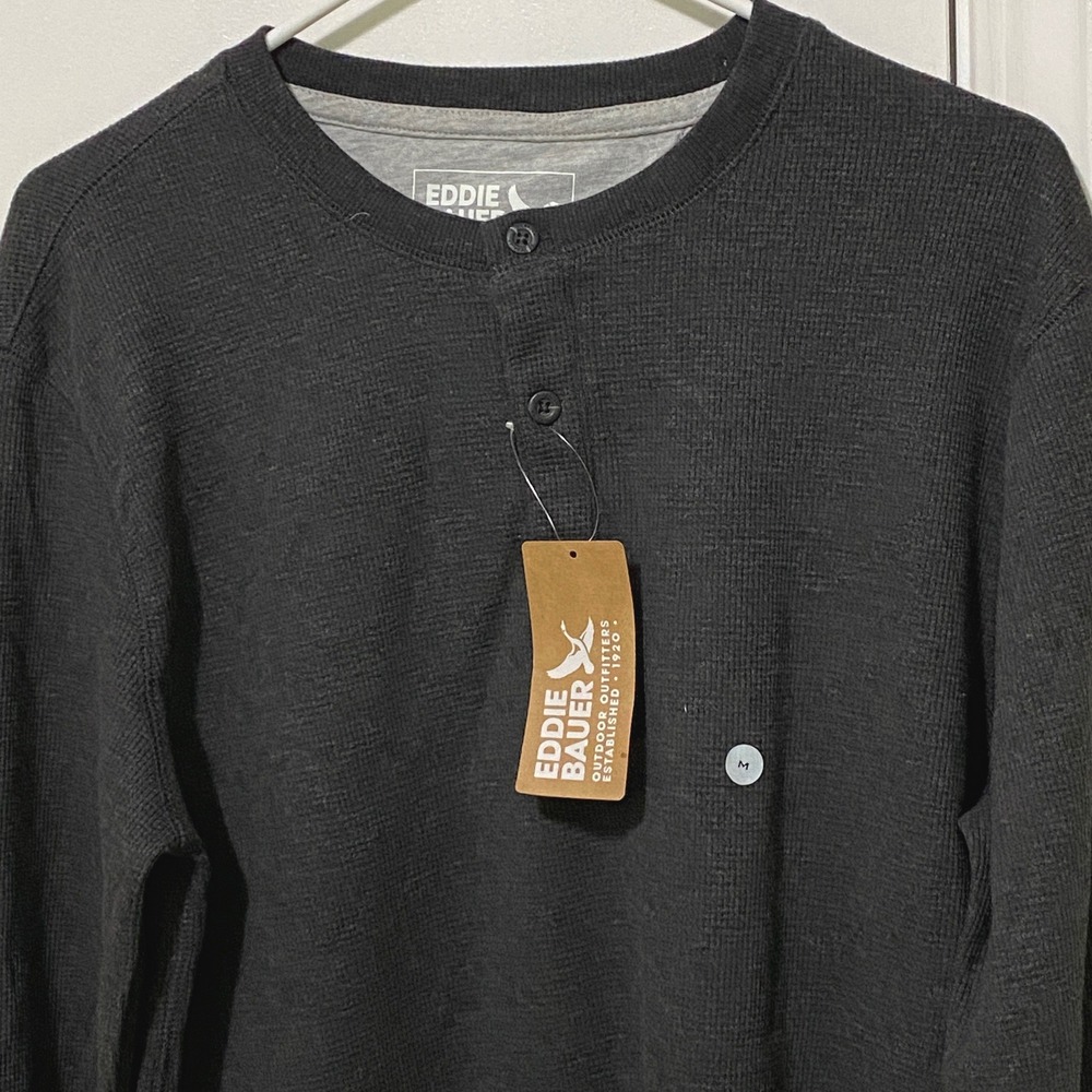 Eddie Bauer Mens Thermal Henley Shirt Gray Long Sleeve Waffle Knit M Layering
